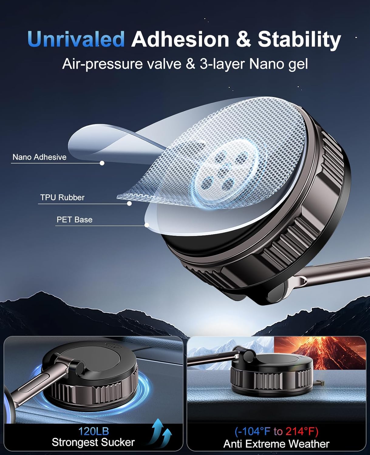 Car Mount Charger [15W Fast Wireless Charging, 120+ LB Strongest Suction & 2800gf Strongest Magnetic] 360° Adjustable Car Phone Holders