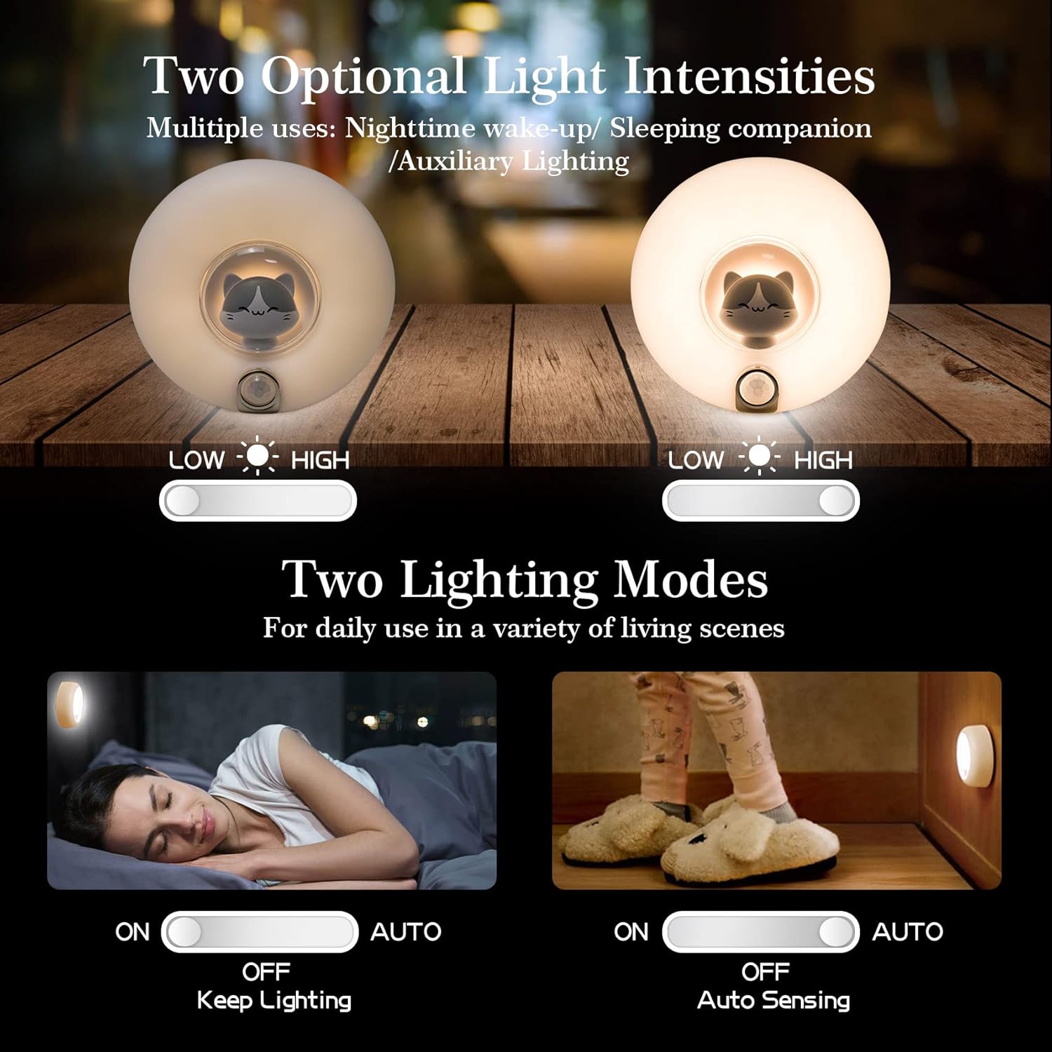 Rechargeable Motion Sensor Night Light - Auto On/Off LED Nightlight with Adjustable Brightness & Magnetic Base, Cute Cat Wall Lights for Kids