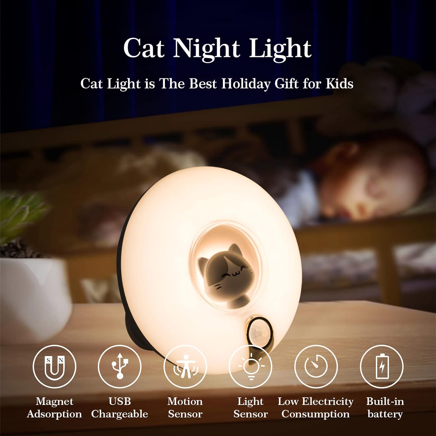 Rechargeable Motion Sensor Night Light - Auto On/Off LED Nightlight with Adjustable Brightness & Magnetic Base, Cute Cat Wall Lights for Kids
